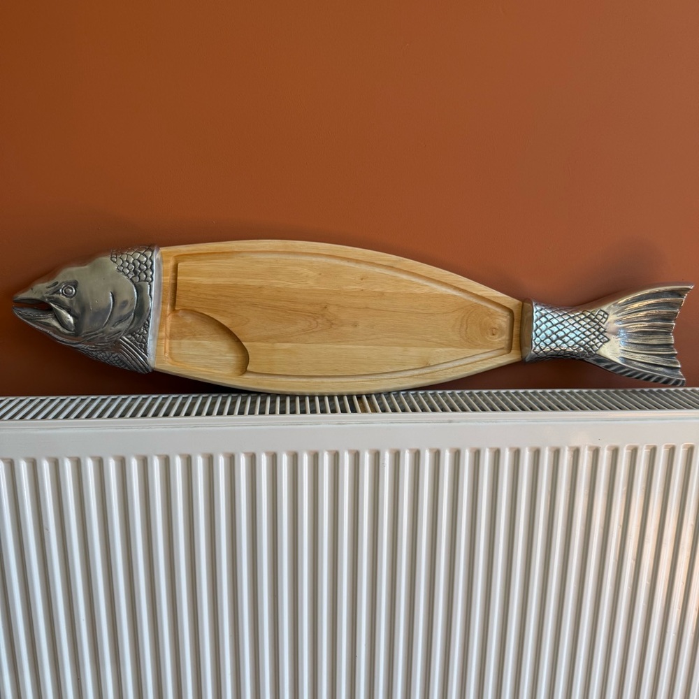 1970s Large Wood and Metal Fish Cutting Board and Server